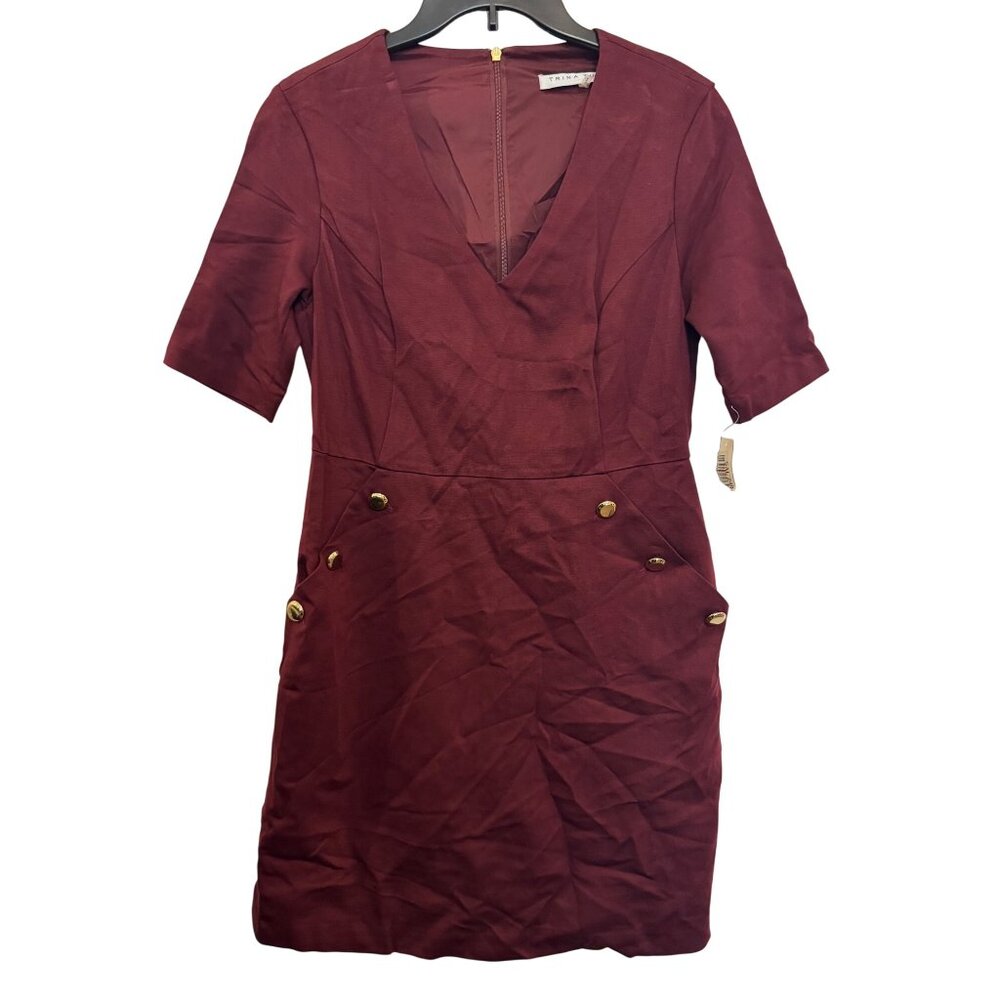Trina Turk Burgundy Sheath Dress Womens Size 4 Short Sleeve Gold Details Rayon B
